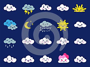 Weather kawaii characters icons. Emotional clouds, snow and sun, wind and rainy day symbols. Cartoon meteorology