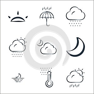 weather line icons. linear set. quality vector line set such as rain, thermometer, moonset, moon, cloud, snow, snow, rain