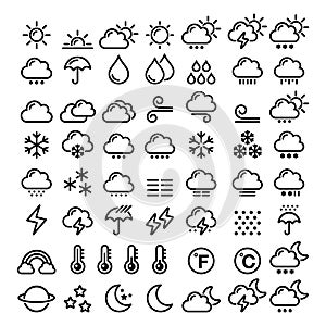 Weather line icons set - big pack of 70 weather forecast graphic elements, sun, cloud, rain, snow, wind, rainbow