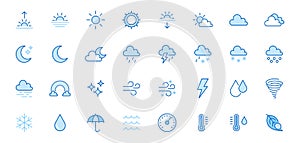 Weather line icons set. Sun, rain, thunder storm, dew, wind, snow cloud, night sky minimal vector illustrations. Simple