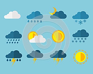 Weather Meteorology Flat Web Icon Sign Set - Sun, Rain, Snow, Cloud, Storm & Lightning Symbols