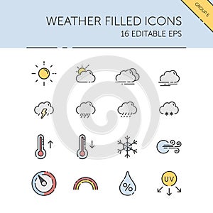 Weather and meteorology. Sun, clouds, temperature and pressure group. Isolated icon set. Filled vector illustration