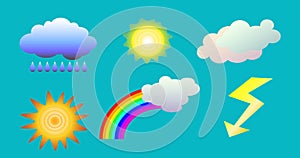 Weather objects clip art. illustration of clouds, sun, rainbow, rain and flash for weather forecast