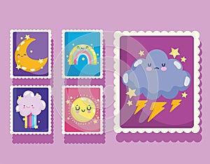Weather post stamp icons with cute rainbow cloud moon and sun cartoon