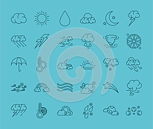 Weather rainbow sun and clouds stickers poster line icons style