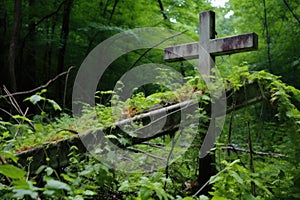 a weather-ravaged cross among overgrown greenery in a neglected cemetery