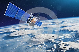 Weather satellite for observing powerful thunderstorms of storms and tornadoes in space orbiting the earth. Elements of this image