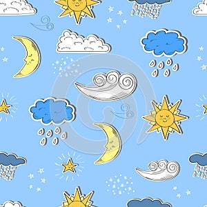 Weather seamless pattern. Cartoon sun, moon, star, clouds.