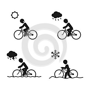 Weather Season summer, rainy and winter Bicycle man icons set illustration pictogram design