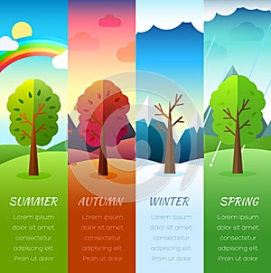 Weather seasons icons on nature ecology background. Vector flat design