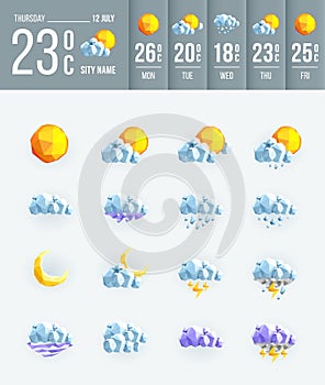 Weather set icons low poly. Geometric set weather icon for your design.