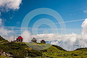 Weather station in clouds under Pietrosul Rodnei mountain in Rodna Mountains National Park, Muntii Rodnei National Park, Romania,