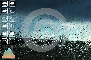 Weather symbol with graph and chart on glass surface with raindrop and blurry outdoor storm clouds for meteorology presentation