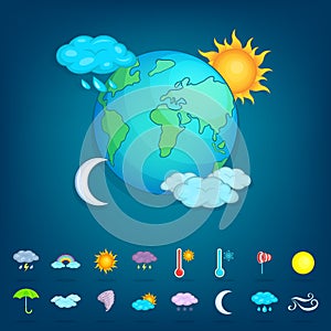 Weather symbols concept planet, cartoon style