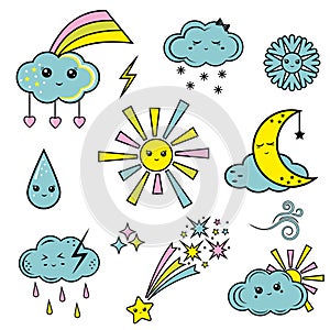 Weather symbols meteriological signs, vector color illustrations