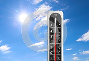 Weather thermometer with high temperature outdoors on hot sunny day. Heat stroke warning