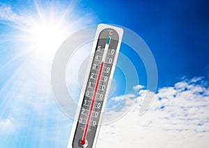 Weather thermometer with high temperature outdoors on hot sunny day. Heat stroke warning