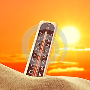 Weather thermometer with high temperature outdoors on hot sunny day. Heat stroke warning