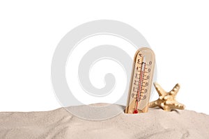 Weather thermometer and sea star in sand against white background