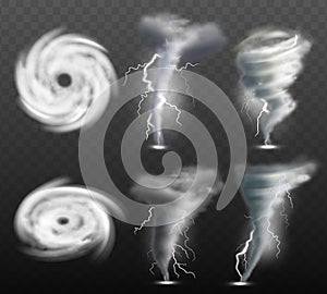 Weather tornado. Water cyclonic storm nature power vector realistic tornado pictures