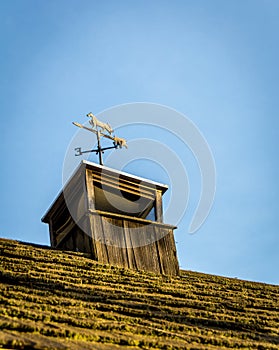 Weather Vain atop a Mossy Wood Shingled Roof on a Clear Sunny Day