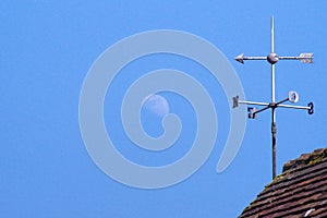 A weather vane on the roof pointing at the full moon.