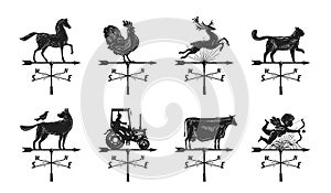 Weather vane silhouette, set icons. Windvane, weathervane symbol or logo. Vintage vector illustration photo