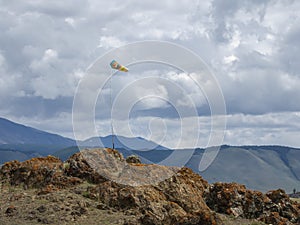 Weather vane, wind designator against the blue mountains