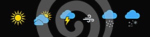 Weather vector icons collection. Weathers icons. Weather forecast sign symbols. Weathers signs in flat design. Vector illustration