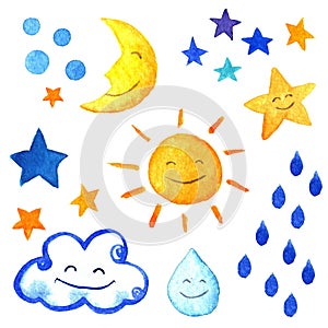 Weather watercolor set of icons. Cute smiling sun, moon, star, drops, and cloud.