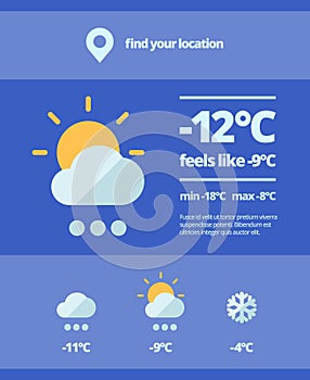 Weather web forecast. Mobile meteorology widget snowfall cooling sunny day temperature surges nature interface element