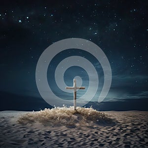 Weatherbeaten Wooden Cross with Seashells on Windswept Dune under Starry Sky AI Generated