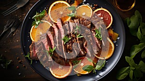 Weathercore-inspired Black Plate With Red Meat, Orange Slices, And Garnish photo