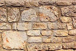 Weathered antique wall, byzantine ancient stonework, horizontal grunge background
