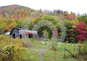 A WEATHERED BARN IN A FIELD AND COLORFUL FALL FOLIAGE