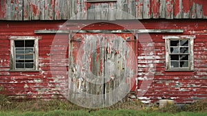 A weathered barn its red paint chipped and peeling with broken windows and a crooked barn door.