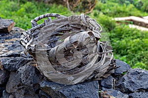 Weathered basket of branches and twigs in the garden.