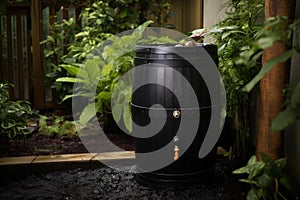 Weathered Black rain barrel sitting outside. Generate ai