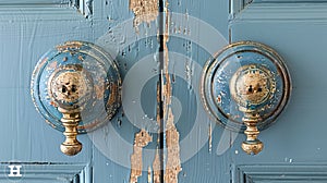 Weathered blue door handles on peeling paint doors. Aged and distressed doorknobs. Concept of historical homes