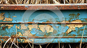 A weathered blue metal surface with peeling paint and rust.