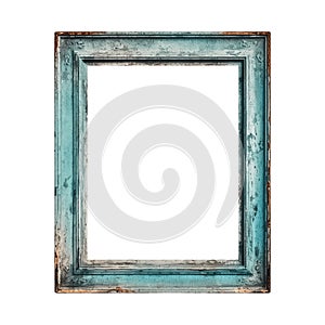 Weathered blue wooden frame isolated on transparent white background. Antique old portrait vertical rustic wood frame