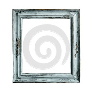 Weathered blue wooden frame isolated on transparent white background. Antique old square rustic wood frame