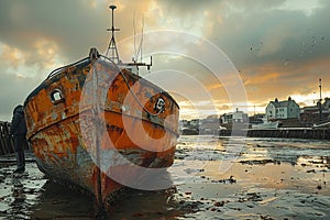 A weathered boat rests on the shore by the waters edge, under the cloudy sky