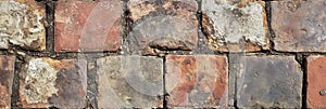 Weathered brick wall texture with rustic red and gray stone pattern background