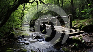 Weathered bridge over babbling brook