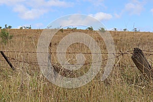 Weathered, broken and leaning wire fence and wooden posts