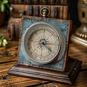 Weathered Compass and Antique Map on a Wooden Table The compass blurs with the journey