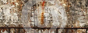 The weathered concrete wall and rusty ladder tell a story of forgotten industry, capturing the beauty found in decay