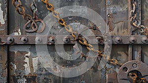 A weathered door or wall, with rusty chain and cogwheel.