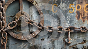 A weathered door or wall, with rusty chain and other details.